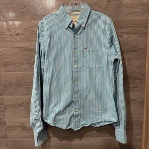 Vintage Hollister Mens Medium Blue White Striped Long Sleeve Button Up Y2K